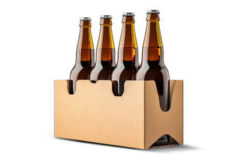 A photo showcasing four glass bottles of beer neatly arranged in a wooden holder. Isolated