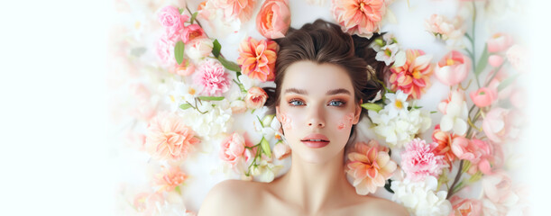 Beautiful model's face with clean fresh skin and natural make up framed in tender flowers banner. Skin care. Cosmetology, beauty saloon, spa promotion. Cosmetics, perfume store advertising. Copy space