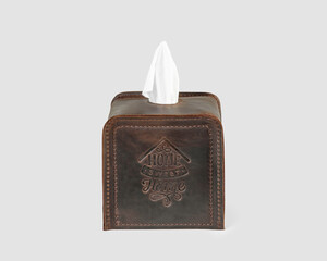 Brown leather tissue box cover with embossing for home decor