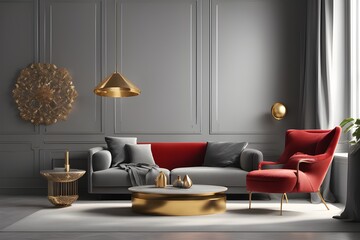 gray living room, gray and red sofa with gold lampshade
