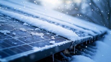 Snow-Covered Solar Panels in Winter Light - 737322240