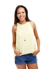 Obraz premium Portrait, smile and fashion with chic woman isolated on transparent background in trendy clothing. Happy, style and casual shorts with confident young model in relaxed tank top outfit on PNG
