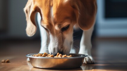 A beagle dog eats food from a bowl at home.