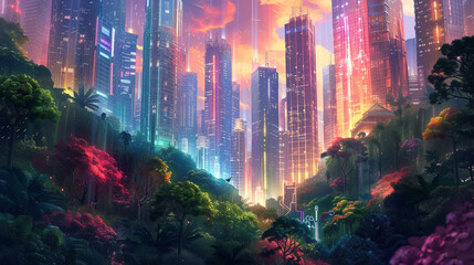 A surreal blend of brightly colored glowing skyscrapers emerging from a lush dreamlike forest