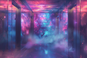 A surreal interpretation of an elevator ride that journeys through a fantastical galaxy and ultimately leads to a mysterious portal - obrazy, fototapety, plakaty