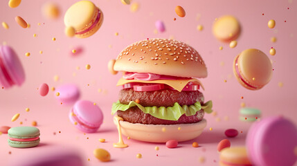 A surrealistic 3D scene of a hamburger with macaron elements