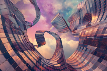 A surreal scene of skyscrapers where buildings bend like ribbons in a whimsical dance on a starry backdrop - obrazy, fototapety, plakaty