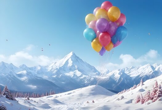 A cluster of colorful balloons floating above a snowy mountain landscape with pine trees and distant mountains under a clear blue sky