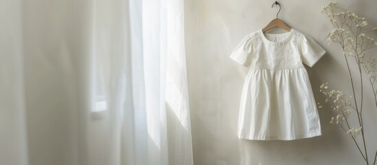 Luxury white dress for a little girl hung on a wooden hanger on a room display. AI generated image