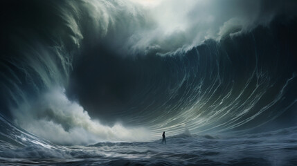 In the face of a massive tsunami ocean - obrazy, fototapety, plakaty