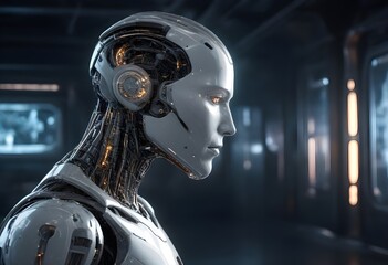 A humanoid robot with a detailed metallic neck and a portion of the head showing intricate gears , set against a dimly lit industrial background