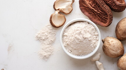 Fototapeta na wymiar Organic Reishi Mushroom Powder - Traditional Chinese Medicine