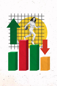 Creative magazine collage image of smiling lady analyzing market increase and decrease isolated white color background