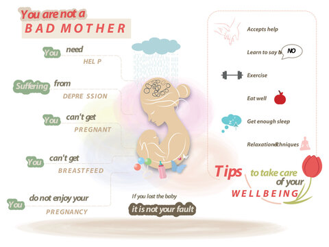 Infographic of maternal mental health and tips on why you are not a bad mother, as well as some tips for your wellbeing.minimalist picture of a woman with baby on a light background.