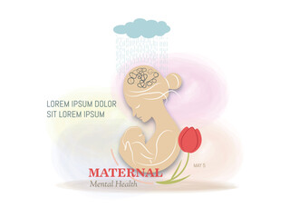 World Maternal Mental Health Day.Minimalist figure of woman with baby on light background.May 5th
