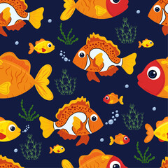 Fototapeta na wymiar Funny fish and water plants pattern on dark blue background. Sea cartoon theme. For wallpaper, book characters, prints.