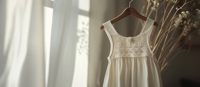 Luxury white dress for a little girl hung on a wooden hanger on a room display. AI generated image