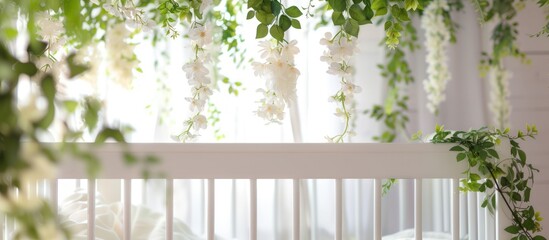 Beautiful interior white baby crib adorned with charming and serene nursery. AI generated image