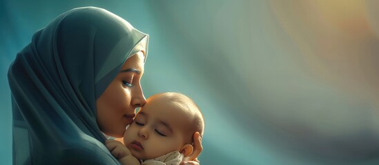 Portrait a muslim mother in hijab with her baby on blur background. AI generated image - obrazy, fototapety, plakaty