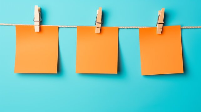 Orange Post it notes hung on pegs with blank space on a blue background