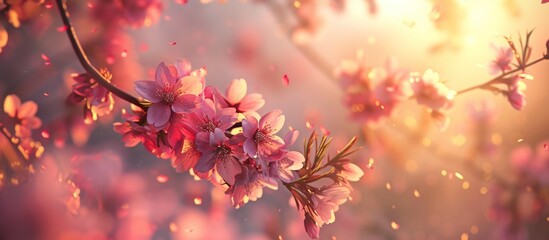 Beauty cherry blossoms flower in the warm sunset light blur background. AI generated image