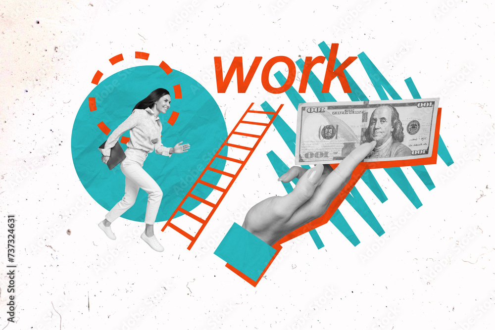 Poster creative artwork picture collage of young business woman running with netbook trader working big mon