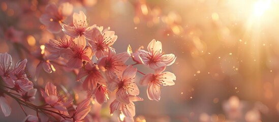 Cherry blossoms flower blooming in the warm sunset light blur background. AI generated image
