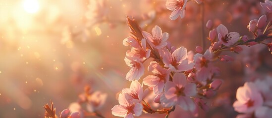 Beauty cherry blossoms flower in the warm sunset light blur background. AI generated image - obrazy, fototapety, plakaty