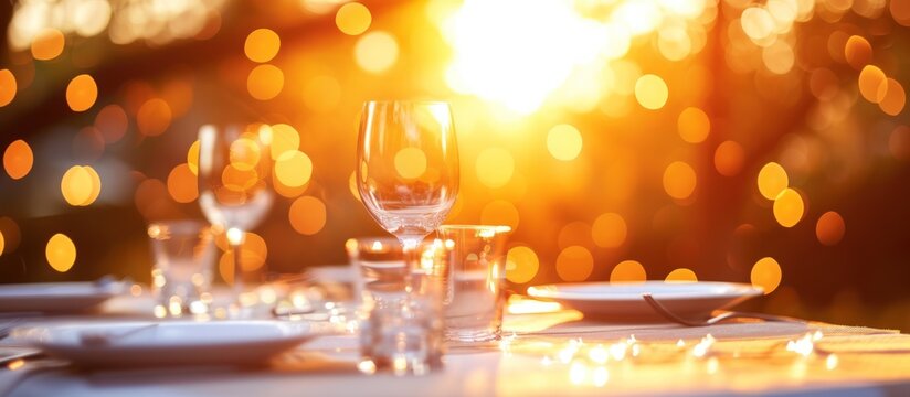 Luxury wedding dinner table set sparkling glassware and pristine white plates on sunset outdoor.