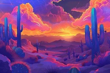 Fototapete An enchanting desert dreamscape at sunset with multi colored clouds mirages and iconic cacti in an illustration style © pprothien