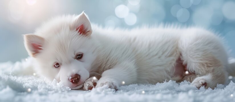Cute little white puppy dog lying down on living room carpet on blur background. AI generated image