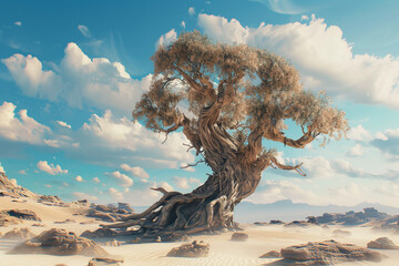 An intricate 3D render of a grotesque gnarled tree growing in the middle of a surreal desert  - obrazy, fototapety, plakaty