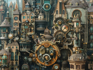 Obraz na płótnie Canvas An intricate composition of a steampunk themed city with many inhabitants displaying varied types of prosthetic parts