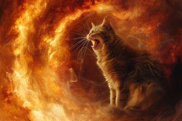 Angrily hissing cat sitting amidst a fiery vortex - obrazy, fototapety, plakaty