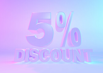 3D render text 5 percent discount, holographic style.