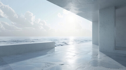 Central white space adjacency to a silently roaring ocean in an abstractly stark 3D render