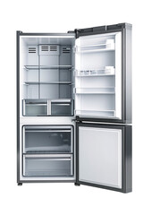 An image showcasing an open refrigerator with its door open on a plain white background. 