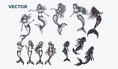 Mermaid Engraving style Vector Set: Retro Halftone Dotted Ink Sketches | Hand-Drawn Vintage Sea Illustrations clipart collection