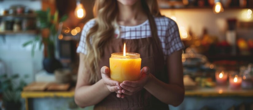 Portrait beautiful young woman holding hand made candle in night. AI generated image