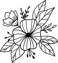 Hand drawn floral arrangement outlines flowers and leaves bouquet