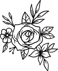 Hand drawn floral arrangement outlines flowers and leaves bouquet