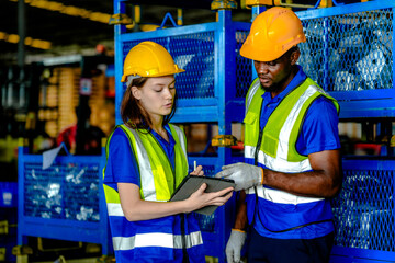 Concept workers people operation in industrial. team of factory industrial warehouse. Male giving some advice to team. Group of Diversity engineer factory people meeting.