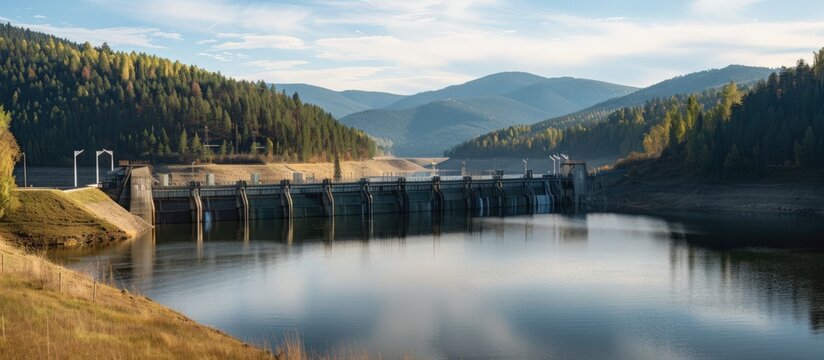 Beautiful landscape hydroelectric dam blends of steady flow water. AI generated image