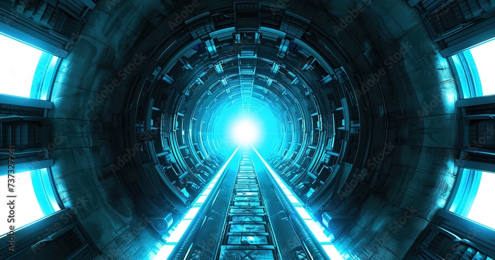 Poster futuristic digital tunnel: a vibrant journey through cyberspace illuminated by dynamic light pattern