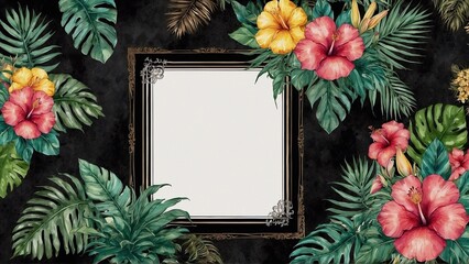 tropical framework for photo with palm leaves,  vivid watercolour flowers in shabby chic look style, framework for cards, invitation or greetings