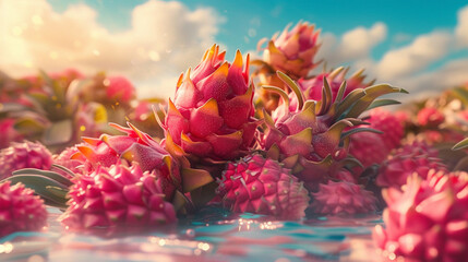 A whimsical depiction of dragon fruits floating on serene waters under a sunlit sky.

