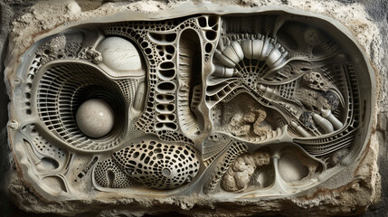Cross section of an alien artifact showcasing intricate designs and unknown materials inside - obrazy, fototapety, plakaty