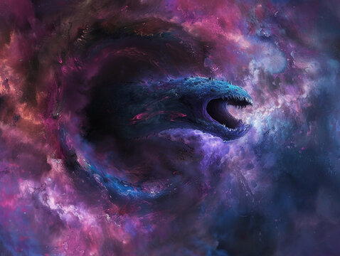 Depict a cosmic horror beast emerging from a wormhole in a unique eerie digital painting