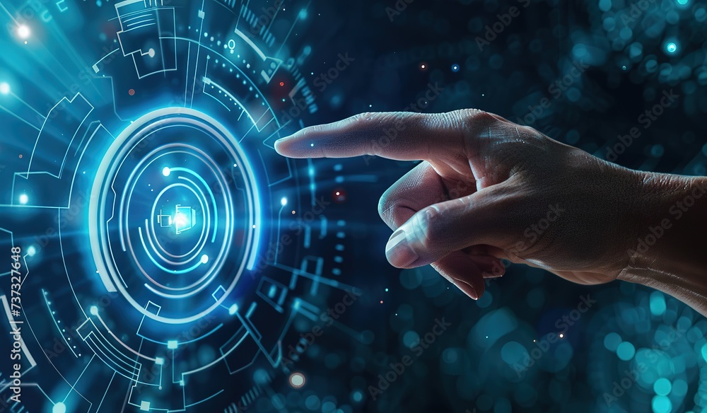 Poster interacting with futuristic interface: human hand interacting with advanced digital technology displ
