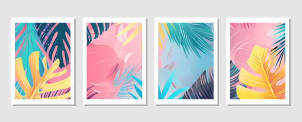 Obraz premium set of abstract vector backgrounds featuring tropical leaves. Hand-drawn textures suitable for wall decoration, postcard designs, or brochure covers.